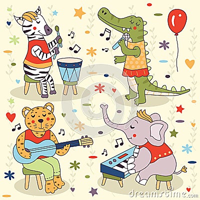 Cute Animals Playing Music - zebra, crocodile, tiger, elephant Vector Illustration