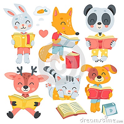 Cute animals read books set, isolated funny smart little characters love to study Vector Illustration