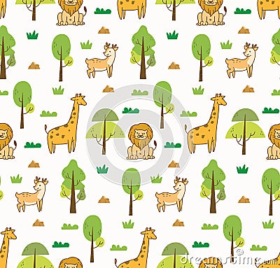 Cute animals seamless background with lion, giraffe and deer Stock Photo