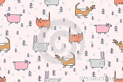 Cute animals seamless pattern. Hand drawn dog, cat, bunny, pig cartoon character childrens illustration. Different pets in forest Vector Illustration