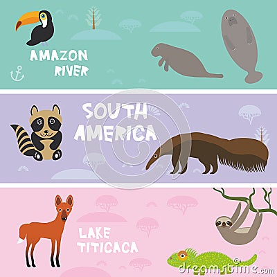 Cute animals set anteater manatee sea cow sloth toucan chameleon raccoon Maned wolf, kids background, South America animals Lake T Vector Illustration