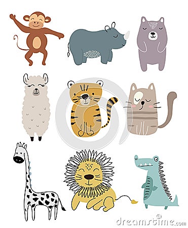 Cute animals set. childish vector illustration scandinavian stylr design concept for card,kids clothes,baby shower Vector Illustration