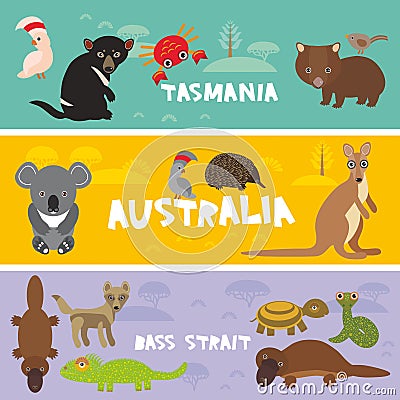 Cute animals set, Echidna koala Platypus Tasmanian devil Cockatoo parrot Wombat snake crab turtle kangaroo dingo kids background A Vector Illustration