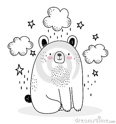 Cute animals sketch wildlife cartoon adorable bear with clouds stars Vector Illustration