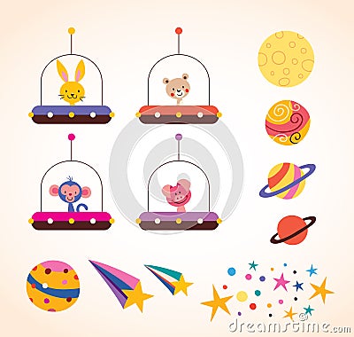 Cute animals in space ships kids design elements set Vector Illustration