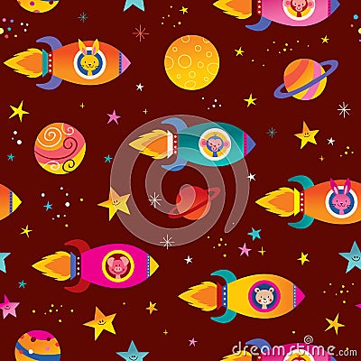 Cute animals in spaceships kids space seamless pattern Vector Illustration