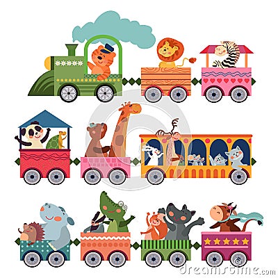 Cute animals train. Playful children zoo, trains with cute cartoon giraffe tiger lion. Kid birthday characters, funny Vector Illustration