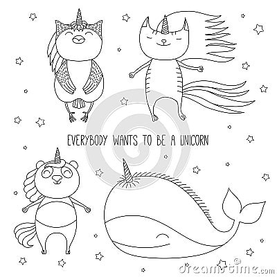 Cute animals unicorns coloring pages Vector Illustration