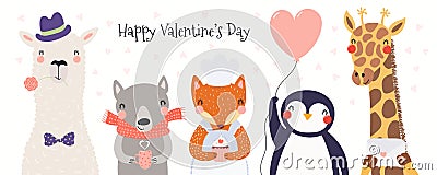 Cute animals Valentines day card Vector Illustration