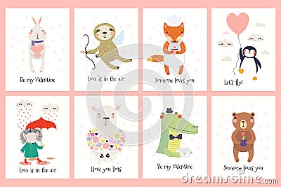 Cute animals Valentines day cards set Vector Illustration