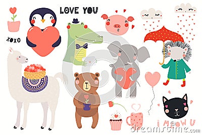 Cute animals Valentines day set Vector Illustration