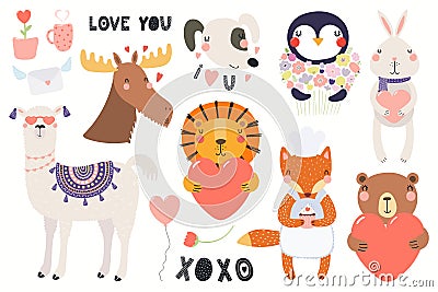 Cute animals Valentines day set Vector Illustration