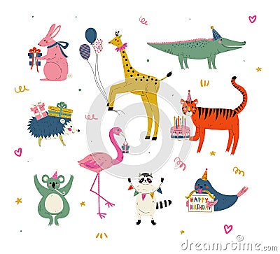 Cute Animals Wearing Party Hats with Birthday Cakes and Gift Boxes Set, Cute Bunny, Giraffe, Crocodile, Tiger, Koala Vector Illustration