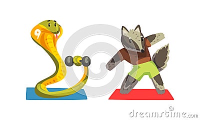 Cute Animals Wild Animals Doing Sports Set, Snake Exercising with Dumbbell and Raccoon Doing Side Bend Stretch Cartoon Vector Illustration