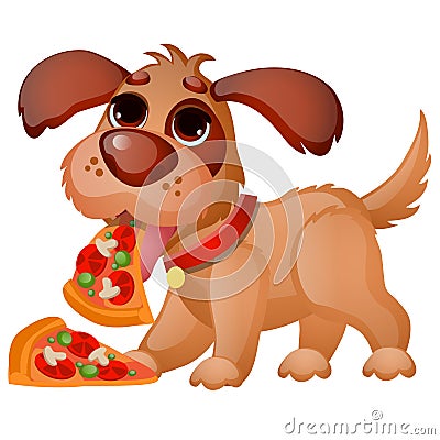 Cute animated dog eating pizza isolated on white background. Vector cartoon close-up illustration. Vector Illustration