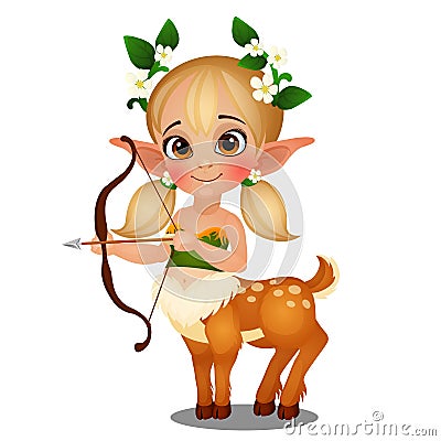 Cute animated elf girl centaur with spotted deer body on white background. Vector cartoon close-up illustration Vector Illustration
