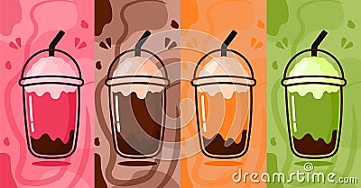 Hand Drawn Ice Strawberry, Green Tea, Chocolate, Thai Tea Flavor Set in Animated Cartoon Vector Illustration Vector Illustration