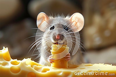 Cute animated mouse reaches for a chunk of delicious cheese Stock Photo