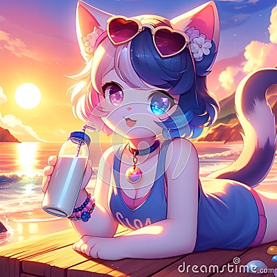 A cute anime cat girl in dynamic pose, at a beach with sunrise, drinking milk, adorable, digital anime art Stock Photo