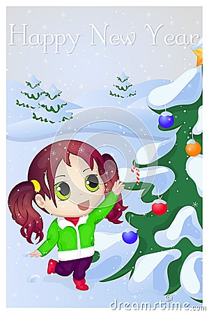 Cute anime chibi little girl trying to take candy. Merry Christmas and Happy New year card. Christmas card in cartoon Vector Illustration