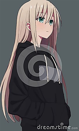 Cute Anime Girl in Black Hoodie and Green Eyes Vector Illustration