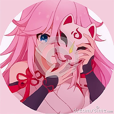 Cute Anime Girl with Cat Mask and Pink Hair Vector Illustration