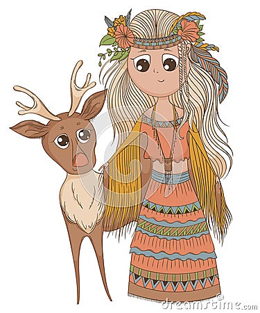 Cute anime girl in ethnic clothes with deer. Cartoon character in boho style. Vector Illustration