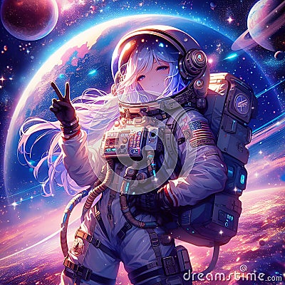 A cute anime girl posing in dynamic and chill style, in an outter space, breathtaking planet, stars, galaxy, digital anime art Stock Photo