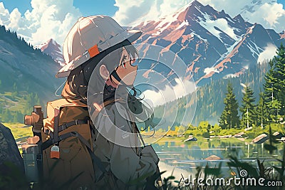 cute anime girl tourist in a hat and with a hiking backpack admires the view of a mountain lake Stock Photo