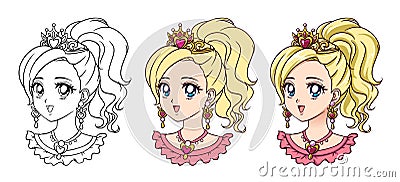 Cute anime princess portrait. Three versions contour, flat colors, cell shading. Vector Illustration