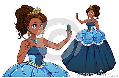 Cute anime princess taking selfie. Brunette girl wearing blue royal dress and golden crown Vector Illustration