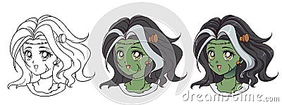 Cute anime zombie girl portrait. Three versions contour, flat colors, cell shading. Vector Illustration