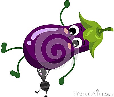 Cute ant carrying a funny eggplant mascot Vector Illustration