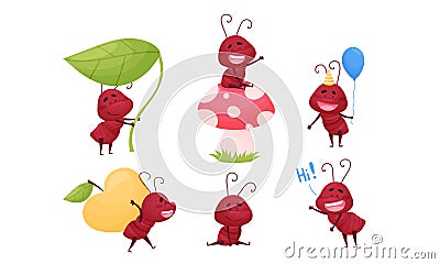 Cute Ant Character Sitting on Mushroom Cap and Carrying Huge Apple Vector Set Vector Illustration