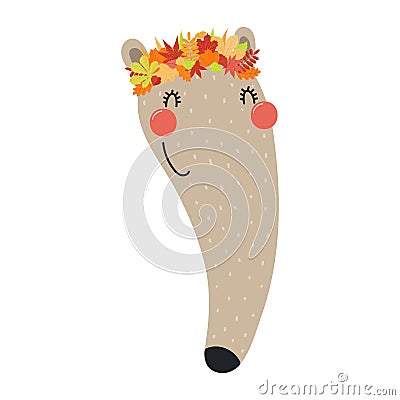 Cute anteater face in autumn leaves crown character illustration Vector Illustration