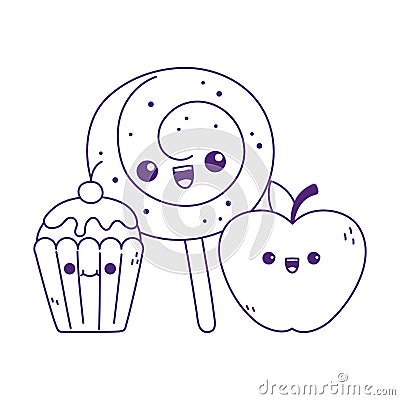 Cute apple candy in stick and cupcake kawaii cartoon character Vector Illustration