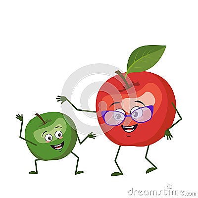 Cute apple characters funny grandmother and grandson, arms and legs. The funny or happy hero, green and red fruits Vector Illustration