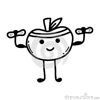 Cute apple with dumbbells. Sports, hobbies, exercise. Doodle style. Vector Illustration