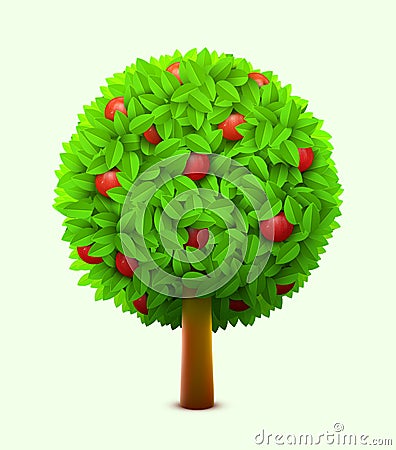 Cute apple tree with green leaves and red ripe apples. Realistic summer tree. Eco harvest concept. Vector Illustration