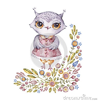 Cute aquarelle owl in childish style Cartoon Illustration