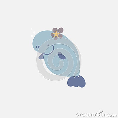 Cute aquatic animal wildlife underwater deep sea fish, sea cow, manatee, dugong, logo label sticker Vector Illustration