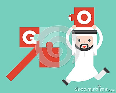 Cute arab business man bring jigsaw to complete the arrow puzzle Vector Illustration