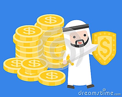 Cute arab businessman carry sword and shield protecting pile of Vector Illustration