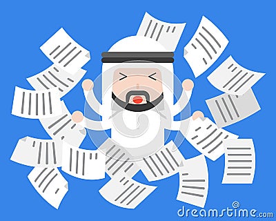 Cute Arab businessman distress or frustrate with flying paper, b Vector Illustration