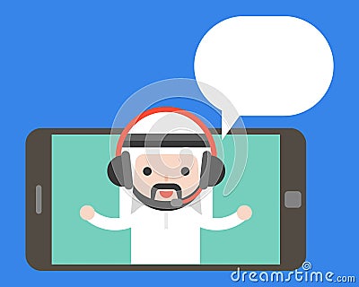 Cute Arab businessman with headphone on tablet or smartphone screen and blank bubble, business e commerce communication online co Vector Illustration