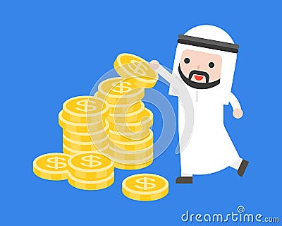 Cute Arab businessman put gold coins on pile of money, business Vector Illustration
