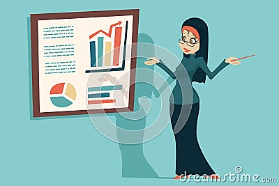 Cute arab female tradidcional clothing hijab abaya jacket presentation infographics businesswoman cartoon character icon Vector Illustration