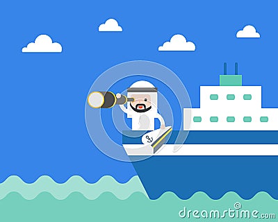 Cute Arab saudi businessman with monocular on ship in the sea, s Vector Illustration