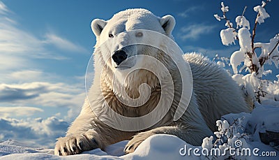 Cute arctic mammal sitting in snowy landscape, looking away generated by AI Stock Photo