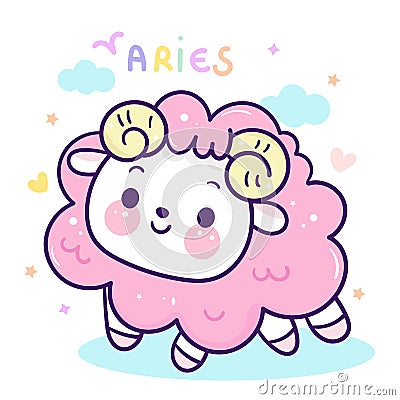 Cute aries sagittarius cartoon horoscope love illustration doodle style, zodiac character sign vector, Sheep as astrological symbo Vector Illustration